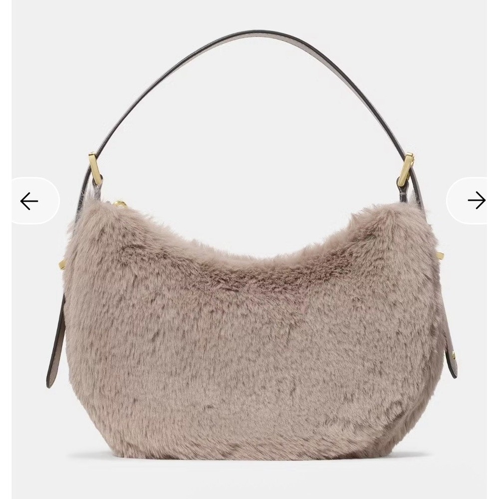 Kate Spade Nova Faux Fur Crescent Shoulder Crossbody Plush Gray Bag